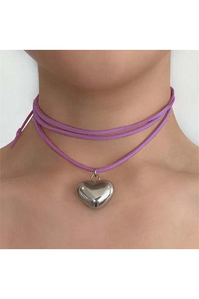 Köstebek Vintage Big Heart Silver Necklace with Pink String