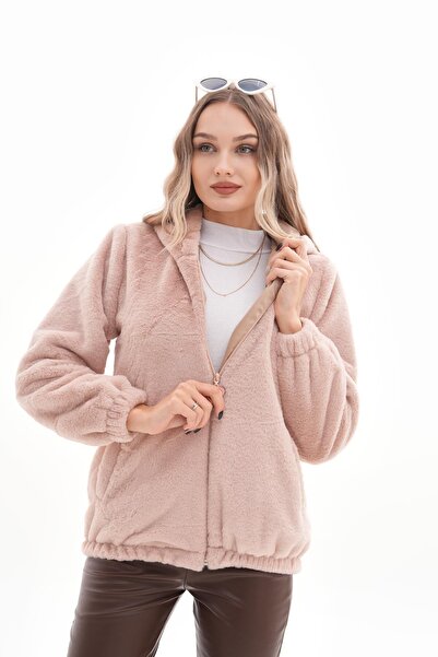 ŞİMAL Women's Hooded Zipper Closure Plush Coat 255122 -