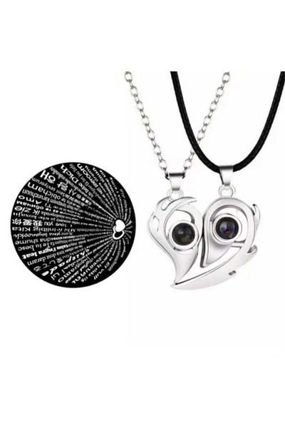 Köstebek Silver Heart Shaped I Love You in 100 Languages Couple Necklace