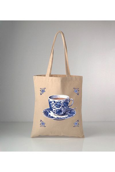 GİFTORA Special Series Delft Blue Coffee Cup Printed Raw Cloth Shoulder Bag