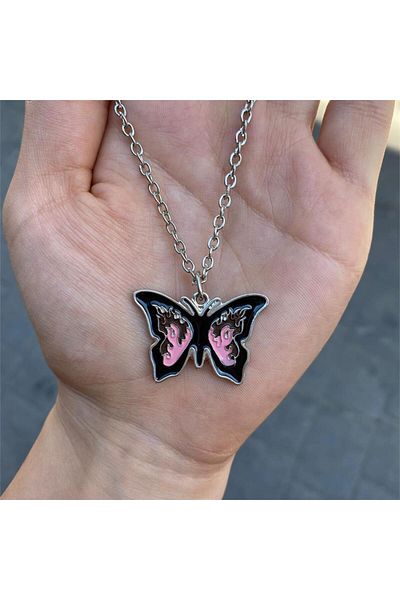 Köstebek Retro Vintage Aesthetic Pink Butterfly Chain Necklace