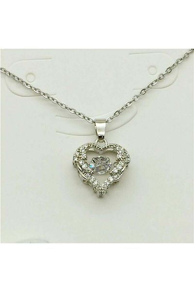 Köstebek Stone Detailed Heart Silver Chain Necklace