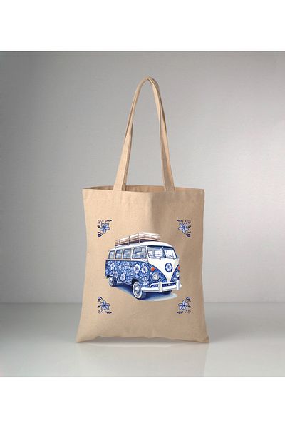 GİFTORA Special Series Delft Blue Minibus Printed Raw Cloth Shoulder Bag