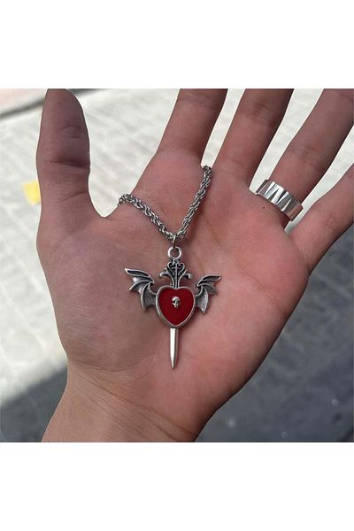 Köstebek Wings And Sword Red Heart Necklace
