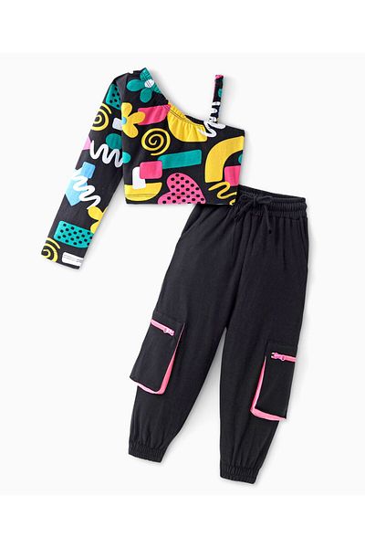 Ollington St. Ollington St. Cotton Lycra One-Shoulder Full Sleeves Printed Top & Cargo Joggers Set - Black