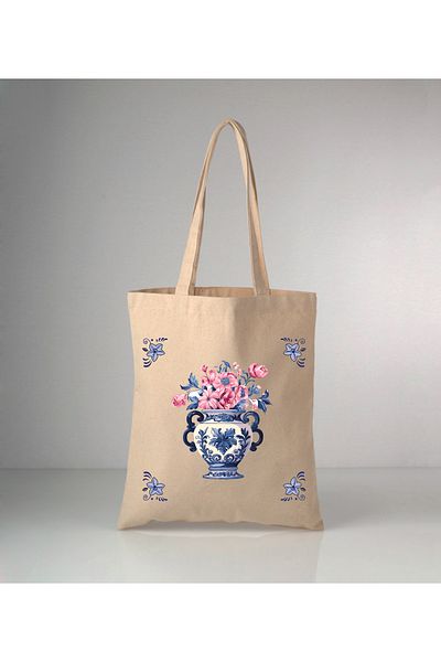 GİFTORA Special Series Delft Blue Vase Printed Raw Cloth Shoulder Bag