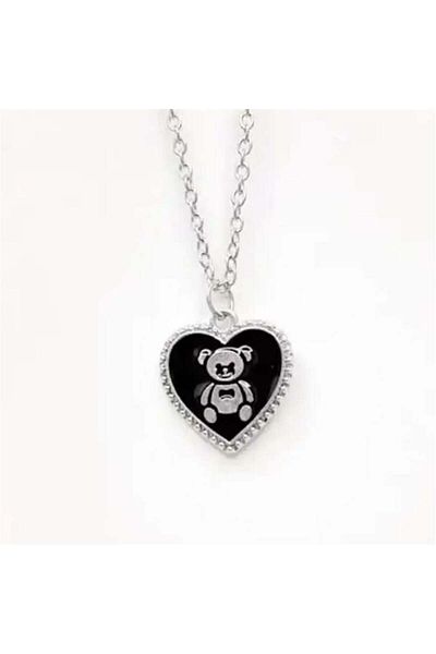 Köstebek Black Heart Teddy Bear Necklace