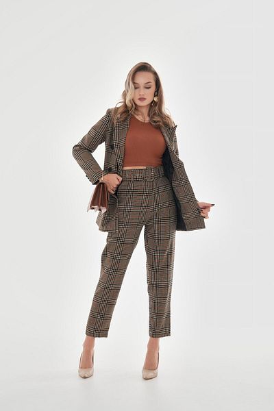 VAPUR TEKSTİL High Waist Plaid Pants - Coffee with Belt and Pocket