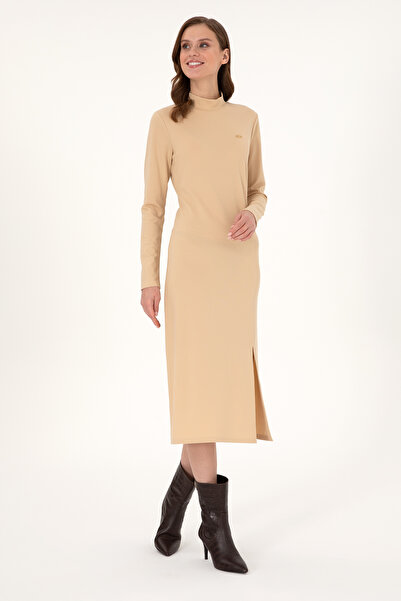 U.S. Polo Assn. Kadın Kum Yırtmaçlı Dik Yaka Midi Boy Örme Elbise 50297367-VR085