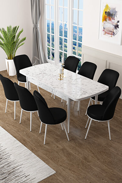 Canisa Concept Zen Serisi 80x132 Mdf Açılabilir Beyaz Mermer Desen Masa Takım...