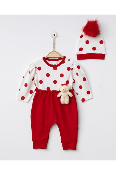 Jammybaby Polka Dot Toy Jumpsuit - 100% Cotton, Teddy Bear, Pompom Hat Set for Baby Girl
