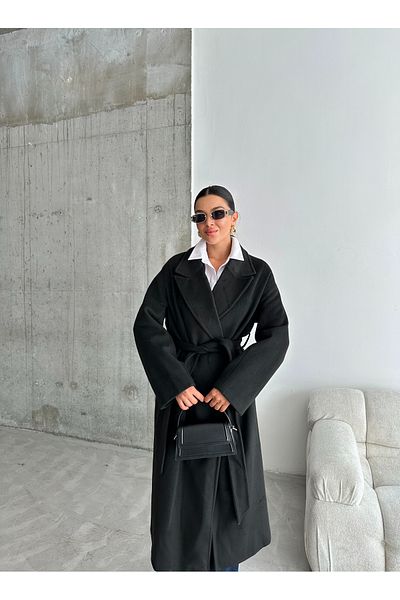 Laluvia Schwarzer einfacher langer Mantel mit Gürtel und Taschen – 542126