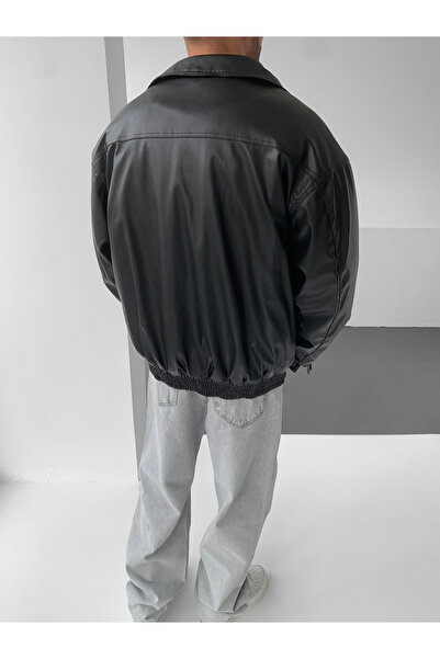 NO1 KONSEPT Μαύρο Oversize Vintage Bomber Δερμάτινο Παλτό