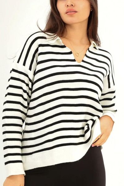 Mossta White Polo Neck Striped Loose Knitwear Blouse