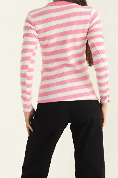 Mossta Pink Striped Square Neck Knitwear Blouse