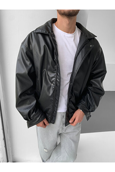 NO1 KONSEPT Μαύρο Oversize Vintage Bomber Δερμάτινο Παλτό