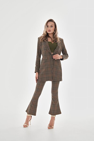 VAPUR TEKSTİL Plaid Patterned Vaton Blazer Jacket - Front Snaps, Shoulders Mink