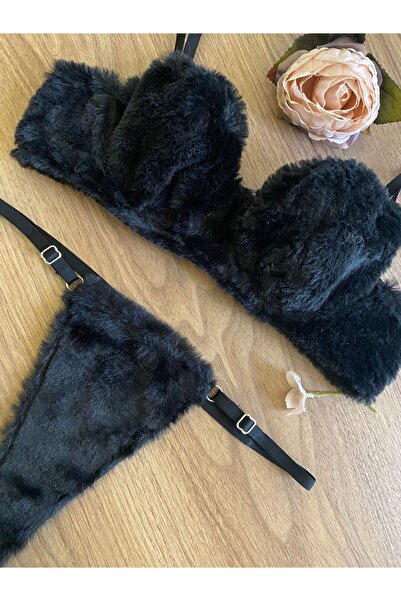 RUYAZ Balenli Soft Peluş Detay İç Çamaşır Takım Sütyen Takım Siyah