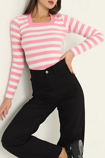 Mossta Pink Striped Square Neck Knitwear Blouse