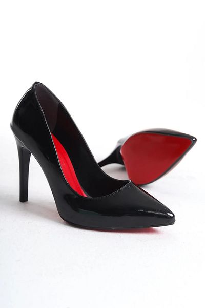 DİGGO Red Black Patent Leather Pointed Heeled Women's Shoes