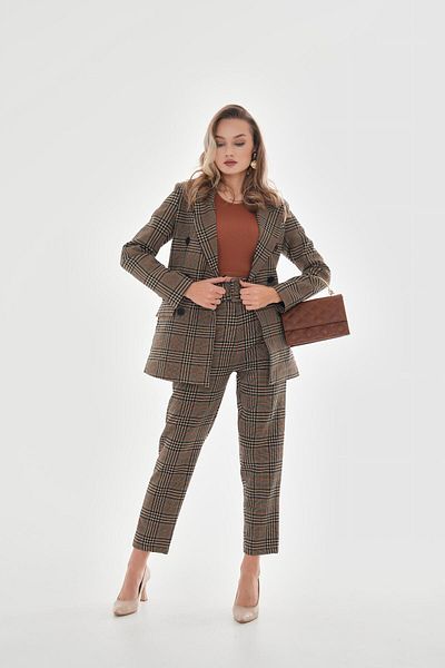 VAPUR TEKSTİL High Waist Plaid Pants - Coffee with Belt and Pocket