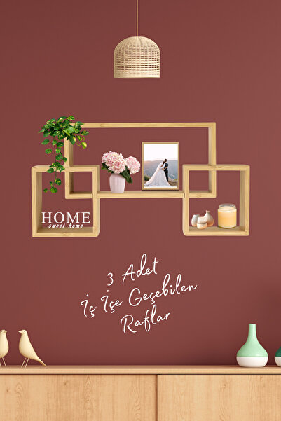 grimorlife İç Içe Geçen Ahşap Üçlü Kare Dekoratif Duvar Rafı-ev Dekorasyonu A...
