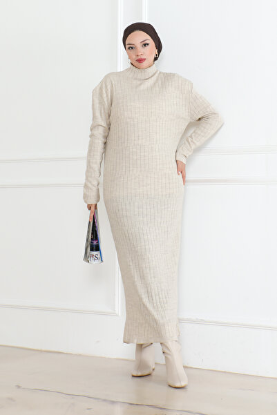 DESTEMODA Λεπτομέρεια κοτλέ Πλεκτό Φόρεμα Πέτρα Χρώμα 1011