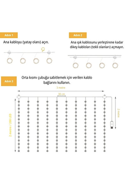 ALFAGİFT 3x2 Metre 200 Ledli 10 Saçaklı Perde Led Işık-8 Mod, Uzaktan Kumandalı, Su Geçirmez
