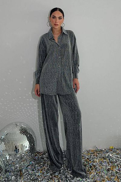 Seda Yalçın Atelier Silver Glitter Shirt Pants Set