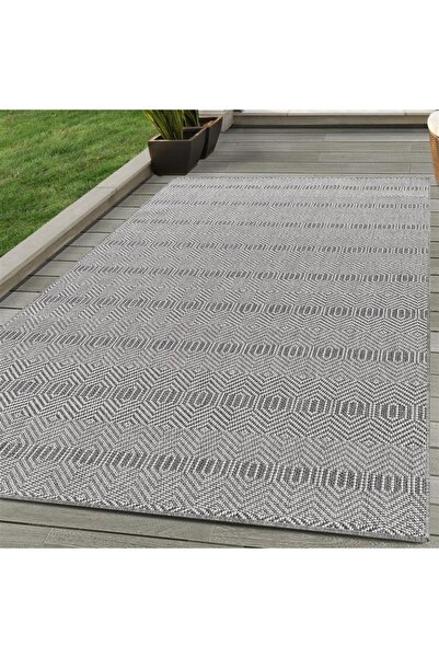 Carpettex Halı Bahçe Balkon Dış Mekan Teras Halısı Kilim desenli Gri Renkli Halı