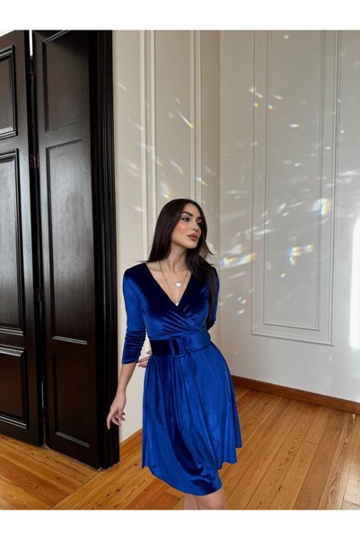 Sindimoda Leova Kemer Detay Kadife Mini Elbise 58644