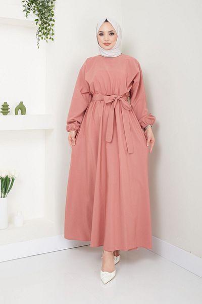 Ayşe Melek Terikoton Evening Dress - Fashion Elastic Waist Women's Dress 2683 Biscuit