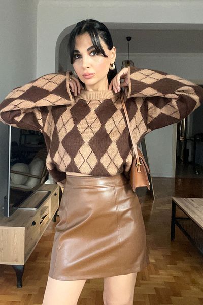 Seda Yalçın Atelier Brown Trapezoidal Mini Leather Skirt