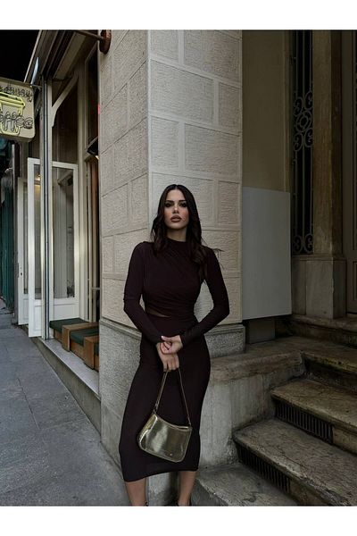 SHEYMA Stretchy Sandy Fabric Tulle Low-Cut Detail Stand Collar Long Sleeve Midi Length Brown Pencil Dress
