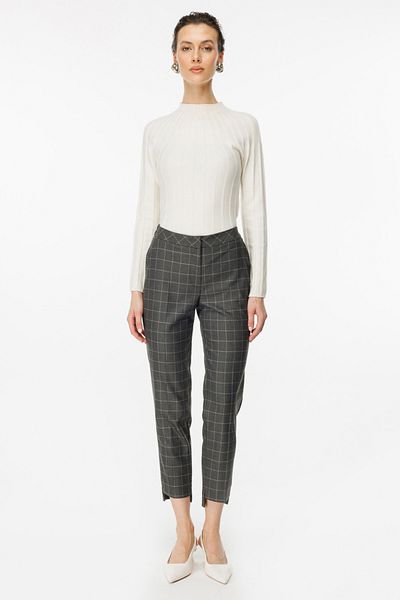 Ekol Women's Elastic Waist Plaid Trousers 1149 Gray