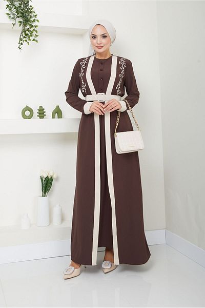 Ayşe Melek 2694 Model Evening Dress - Applique Detailed, Long 2 Piece Hijab Set, Brown