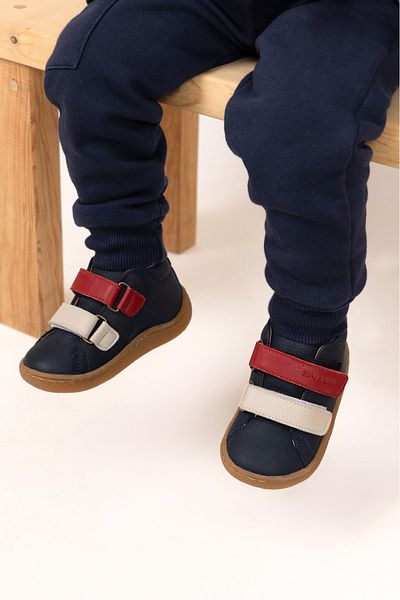 kids A more Navy Blue Anatomical Sole Genuine Leather Barefoot Boots for Baby Boy - Double Velcro