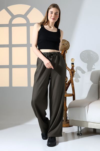 DİVİSTA Women's Khaki Color 100% Viscose Woven Trousers with Elastic Waist
