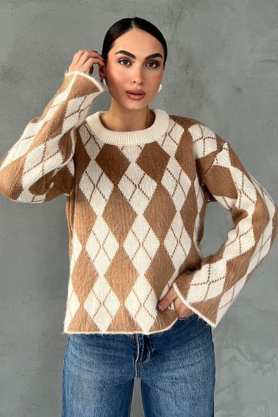 Seda Yalçın Atelier Camel Diamond Pattern Short Knitwear Sweater