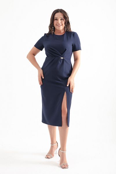 Lafaba Women's Navy Blue Pearl Detail Slit Plus Size Midi Dress
