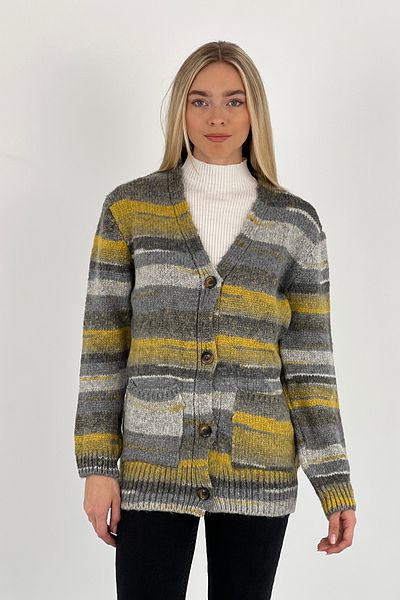 Miss Poem Women's V-Neck Buttoned Long Sleeve Loose Gray Knitwear Cardigan