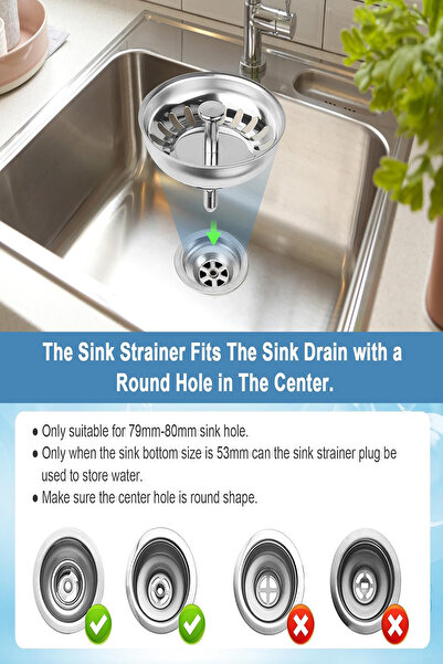 Hombak Paslanmaz Çelik Süzgeç Lavabo Evye Filtre Mutfak Gider Süzgeci Ve Tıkacı Çift Yönlü (8 CM)
