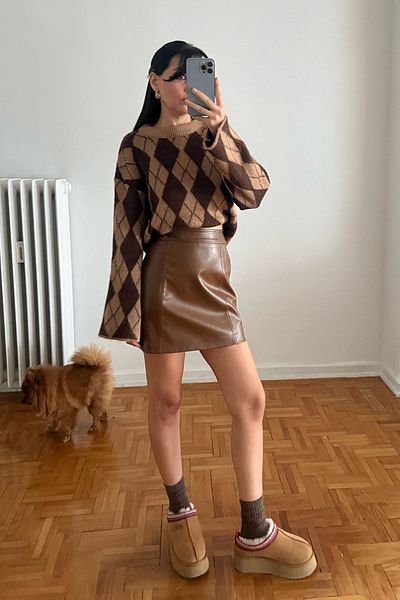 Seda Yalçın Atelier Brown Trapezoidal Mini Leather Skirt