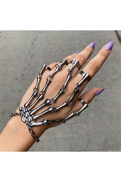 Köstebek Five Rings with Black Skeleton Hand Bracelet