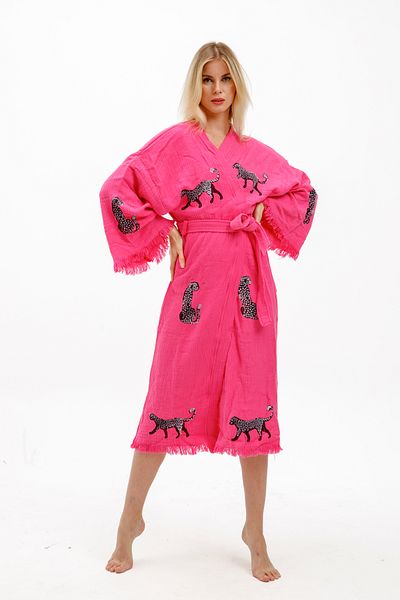 Befera Design Kimono muselină 100% bumbac halat de baie cu imprimeu leopard Rochie caftan