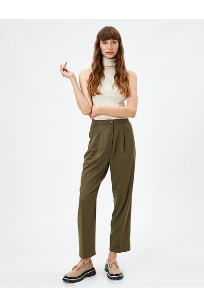 Koton Straight Leg Trousers Pleated Pocket Detailed Buttoned