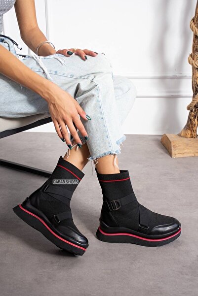 dabab shoes Kadın Siyah Triko Fabiana Model Lastik Kemer Detaylı Kalın Taban Spor Bot