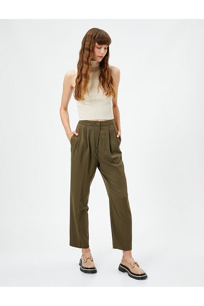 Koton Straight Leg Trousers Pleated Pocket Detailed Buttoned