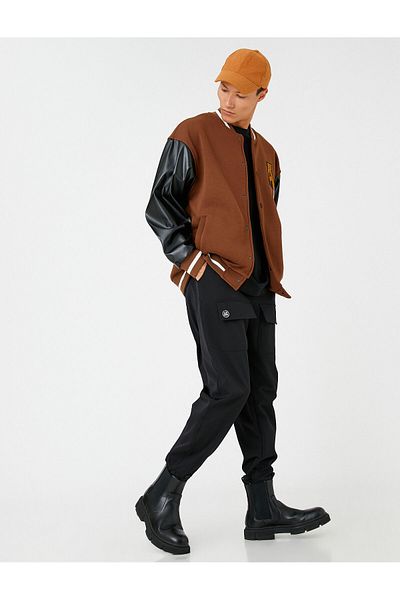 Koton College Jacket Bomber Collar Embroidered Detailed Snap Button Pocket