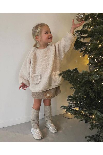 anonim Girls' Plush Sweatshirt and Ribbed Leggings - Set with Shoulder Button Detail and Pocket